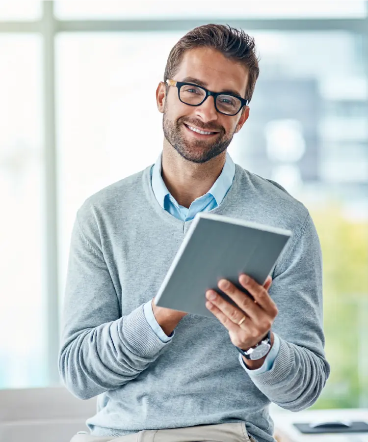 men work on tab in office